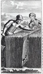 Gulliver es descubierto por un granjero en Brobdingnag, ilustración de 